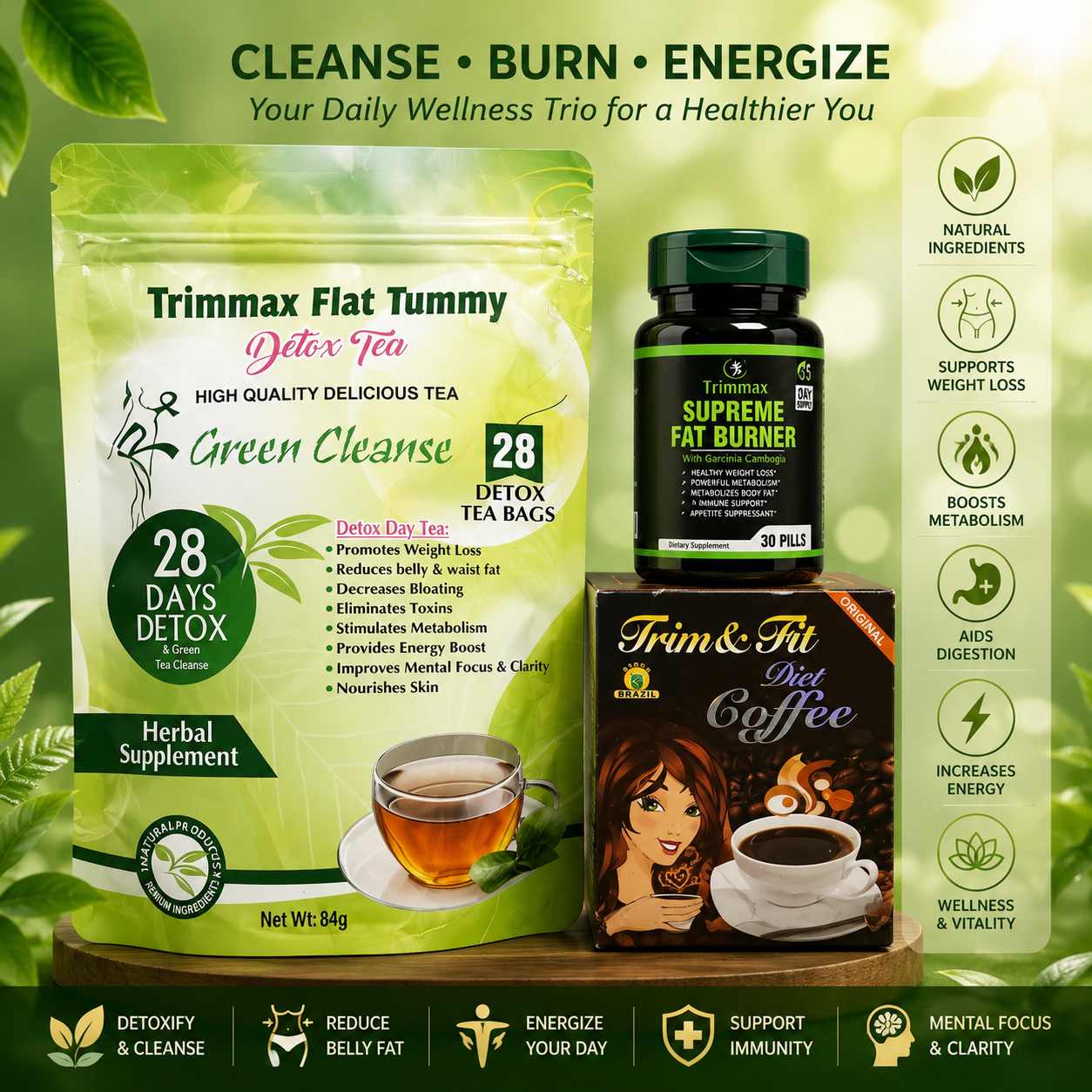 Natural wellness trio for detox and energy